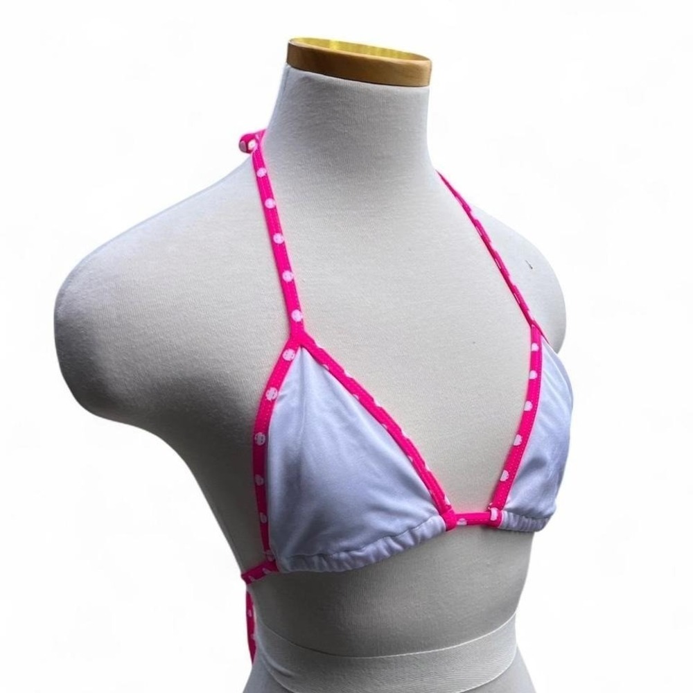 White - Pink polka dot trim  bikini top - Picture 3 of 4